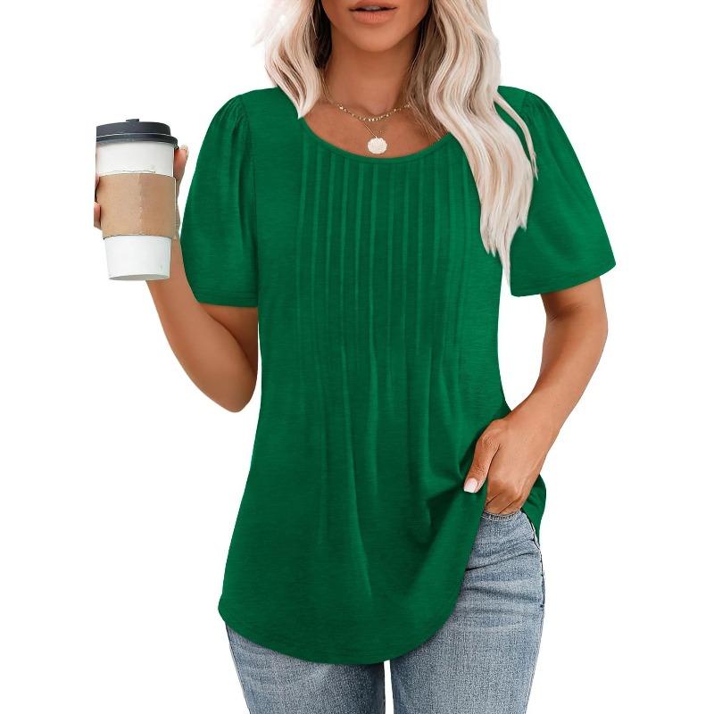 Lockeres neues plissiertes Rundhals-Kurzarmhemd Damen Oberteil, Gestreift Uni Farbe Damenbekleidung