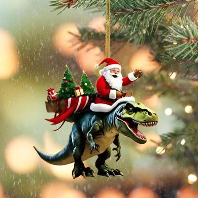 Yousheng Christmas Pendant Santa Claus On Dinosaur Ornament 2D Flat Acrylic Hanging Decoration for Christmas Tree Mantel Decor