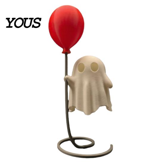 Balloon Ghost Figurine Cute with Balloon, Warm LED Night Light, Halloween Spooky Ornament Decoration for Bedroom Desk Table Centerpiece Cozy