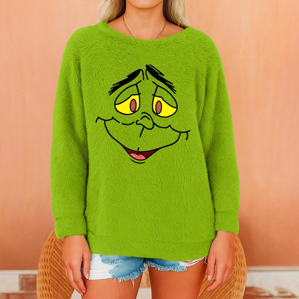 Womens Fuzzy Long Sleeve Pullover Crewneck Sweatshirt with Cartoon Face Print Casual Loose Fit Soft Warm Top for Autumn Winter