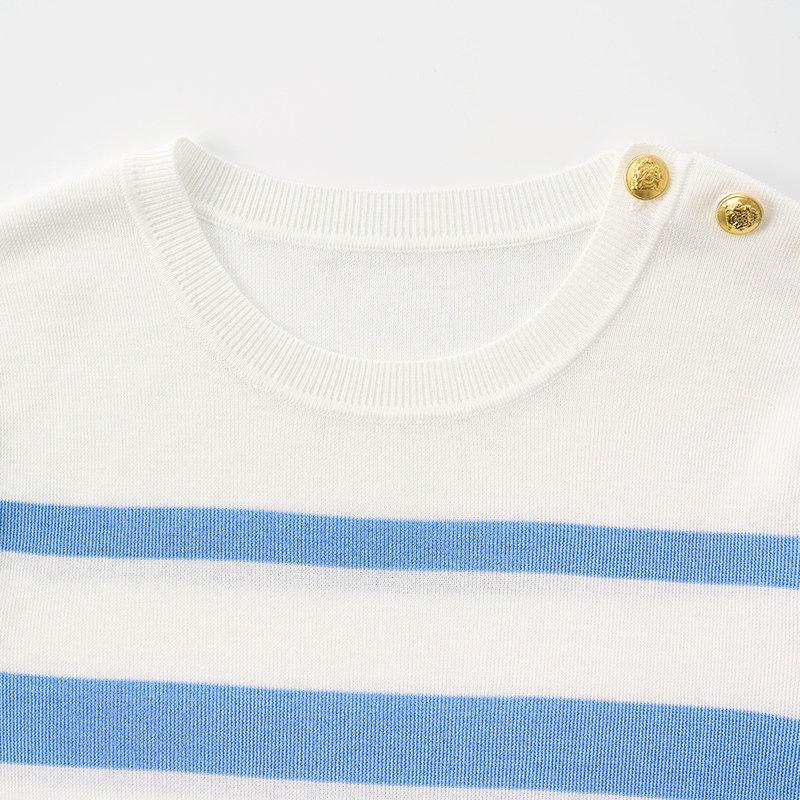 Northern Deer Women's Slimming Stripe Knit T-Shirt - French Classic Short Sleeve in Lyocell, Acetate, and Mulberry Silk (Style 26519).