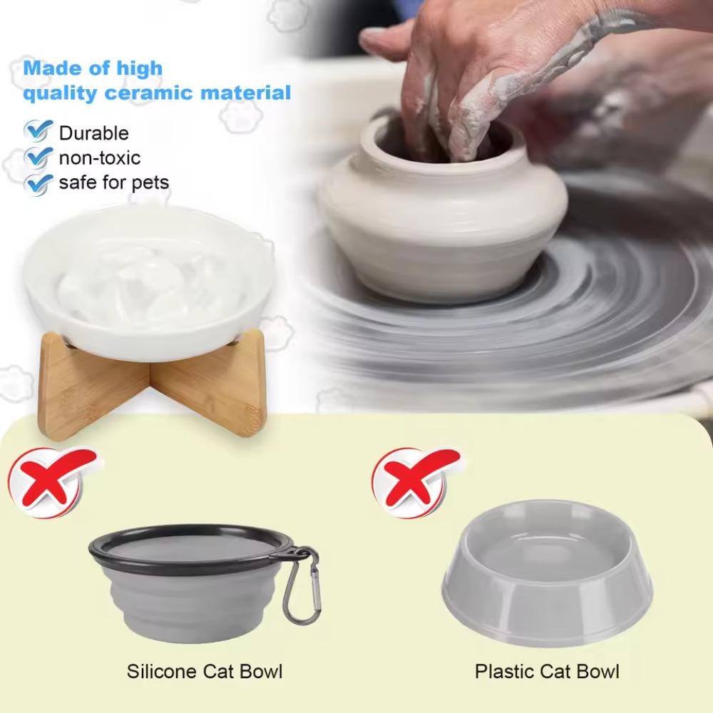 Wood Stand Raised Cat Bowl Anti-choking Cat Feeding Bowl Pet Supplies Slow Feeder Bowl  Pet Feeding