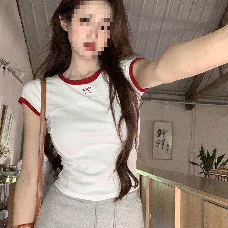 

Chic Color Block Bowknot T-Shirt - Slimming, Embroidered, Short Sleeve and Sweet Summer Style for Trendy Women Small білий