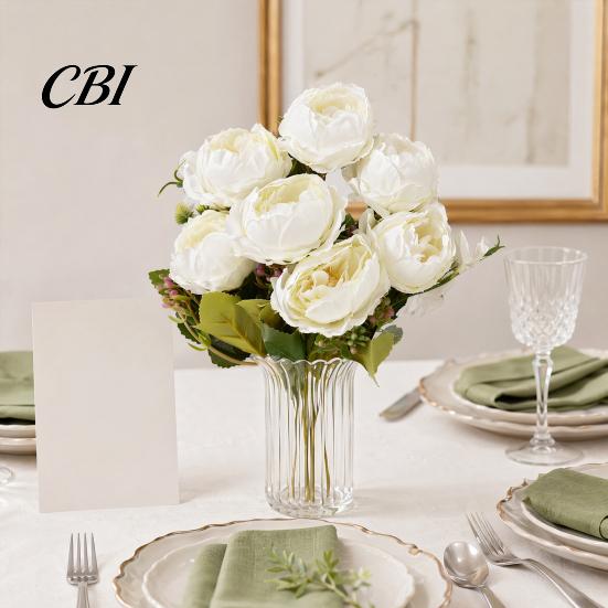 Silk Peony Bouquet 7 Heads Artificial Flowers, Vintage Fake Flower Arrangements Wedding Buds With Leaves Bouquets Decorations, Floral Table