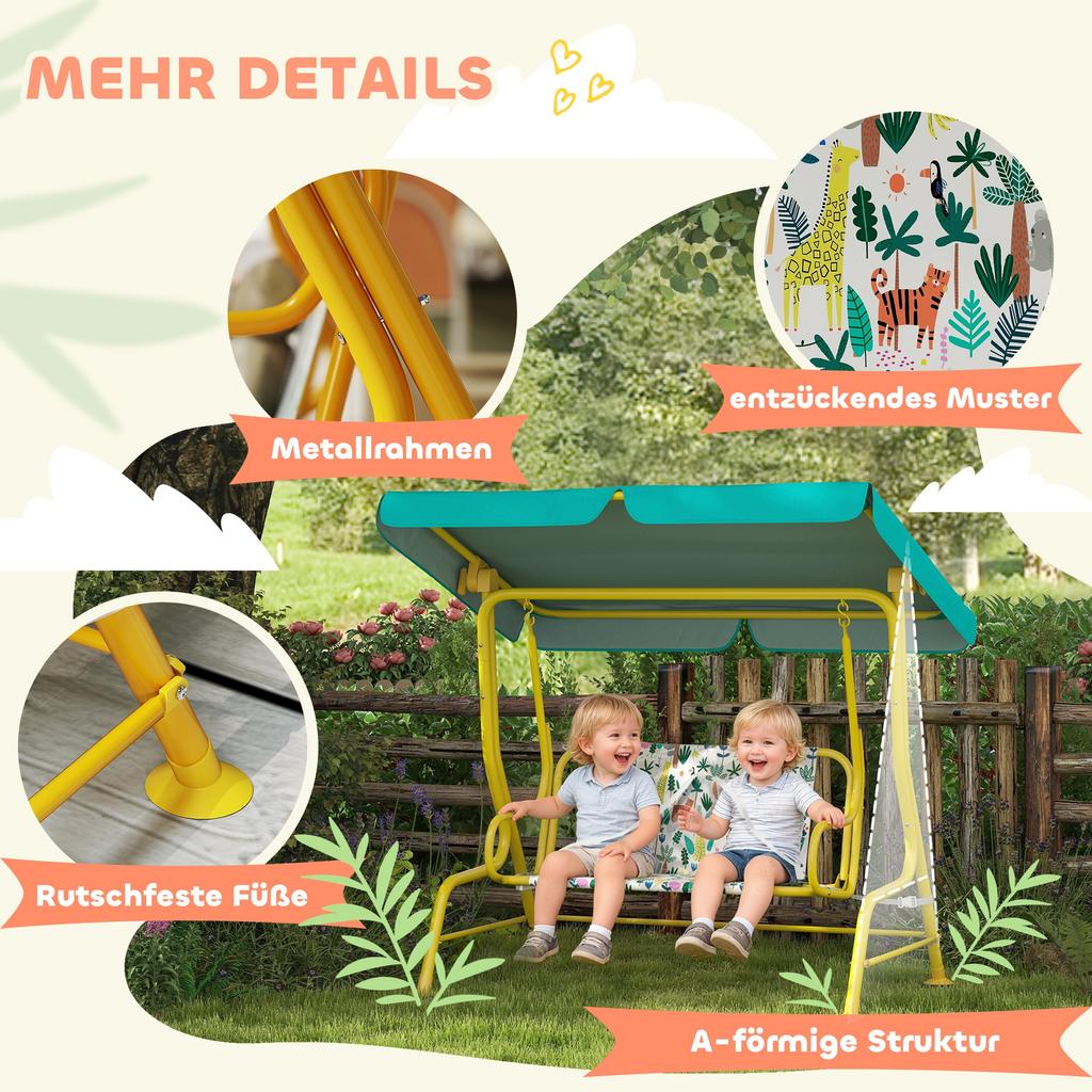 2-Seater Kids Hollywood Swing with Adjustable Canopy, Safety Belt for 3-6 Years up to 60 kg 112x75x120cm Green