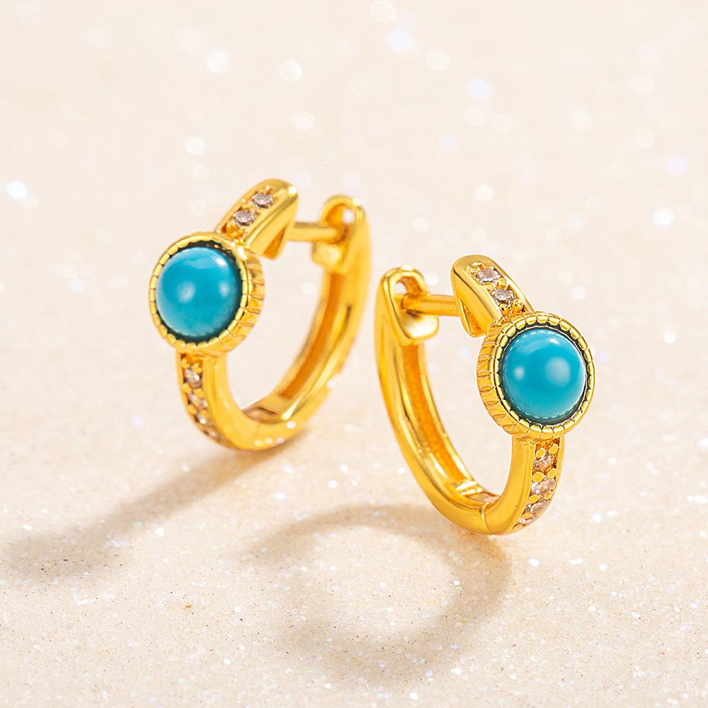 European Retro Zircon Turquoise Hoop Earrings for Women - Simple, Fashionable, High-End Feel
