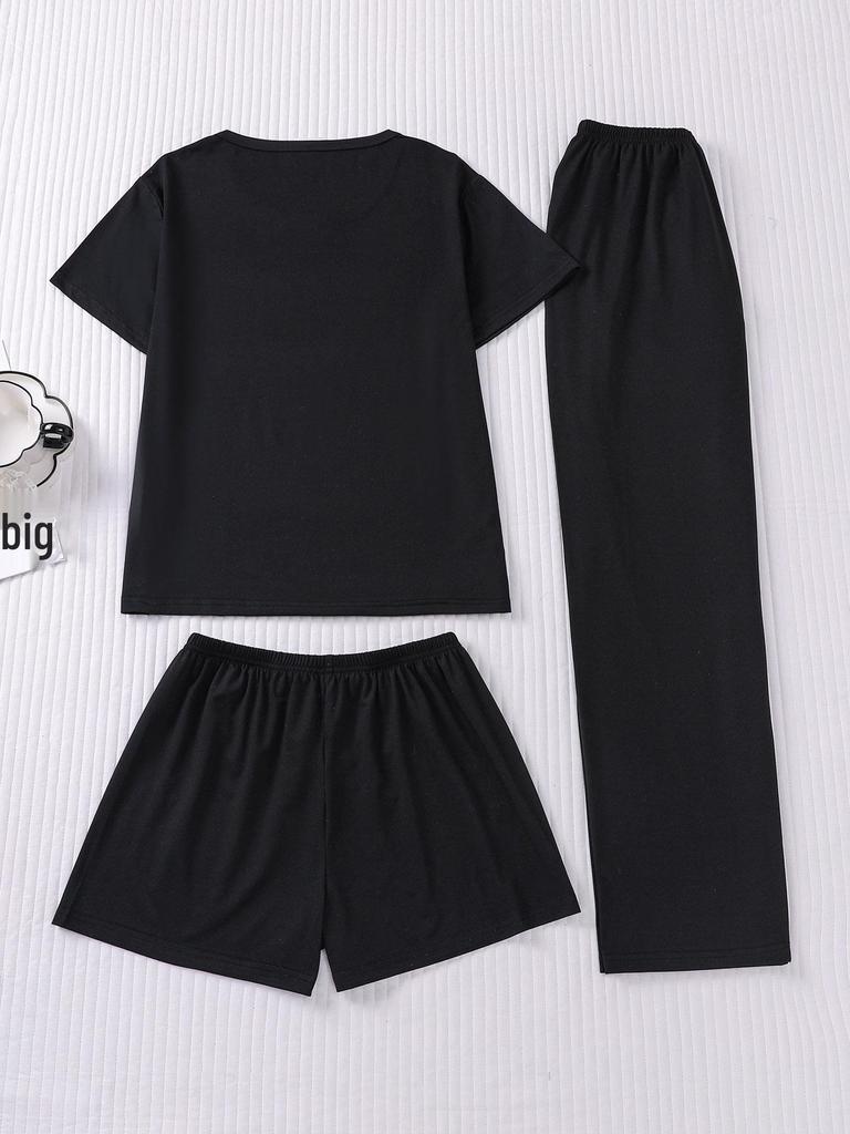 Kälberdruck 3-teiliges Set: Kurzarm-Oberteil, Shorts & Hosen - Niedliche und bequeme Homewear