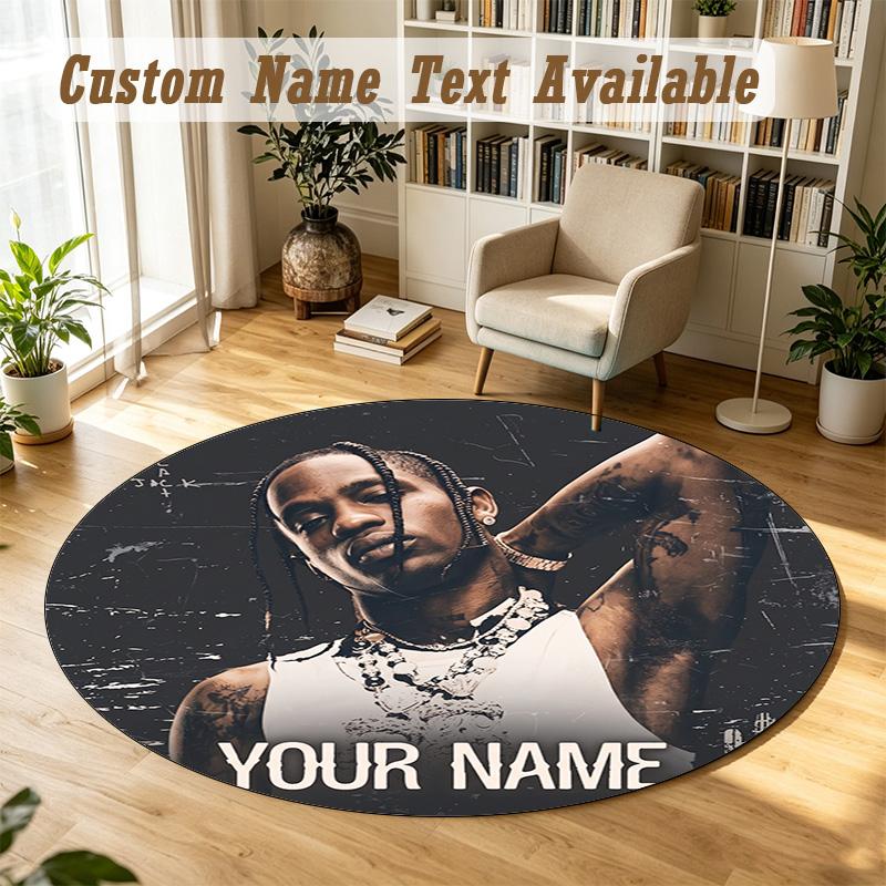 Round Rug Custom NameTravis Scott Pattern Non Slip Carpet Home Floor Decor