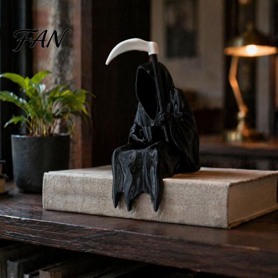 Personality Trend Collectibles 3D Printed Grim Reaper Statue with Coffee & Sickle, Gothic Desk Halloween Party Supplies Decor, Unique Dark Art