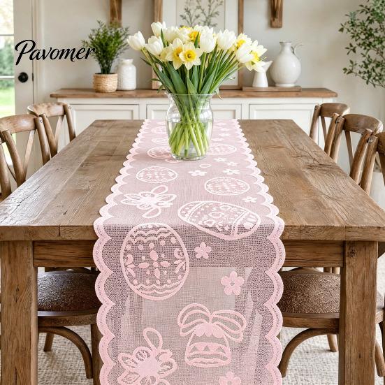 Easter Bunny Table Decoration Lace Runners, 72 Inch Spring Eggs Runner, Family Dining Runner Decorations for Home Room, Party and Supplies Soft Fabric