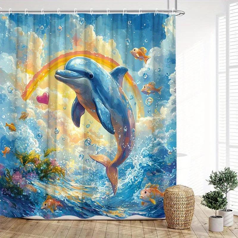 Dolphin Ocean Scene Shower Curtain - Leaping Dolphin With Rainbow, Waves & Sunset, Polyester, 70.8X70.8", 12 Hooks, Washable