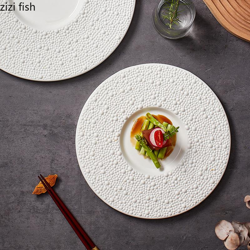 White Pearl Dot Ceramic Round Flat Plate Dessert Plate Sushi Plate Steak Plates Restaurant Molecular Cooking Creative Tableware