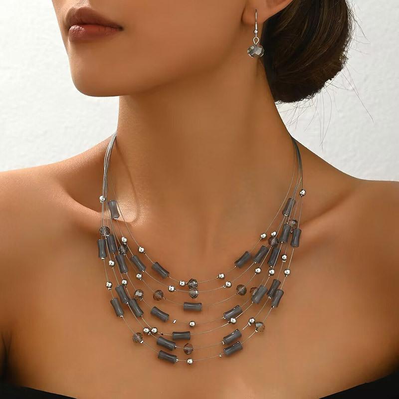 Ethnic Boho Multilayer Crystal Beads Necklace Earrings for Women Bohemian Jewelry Set Party Wedding Statement Choker Collar