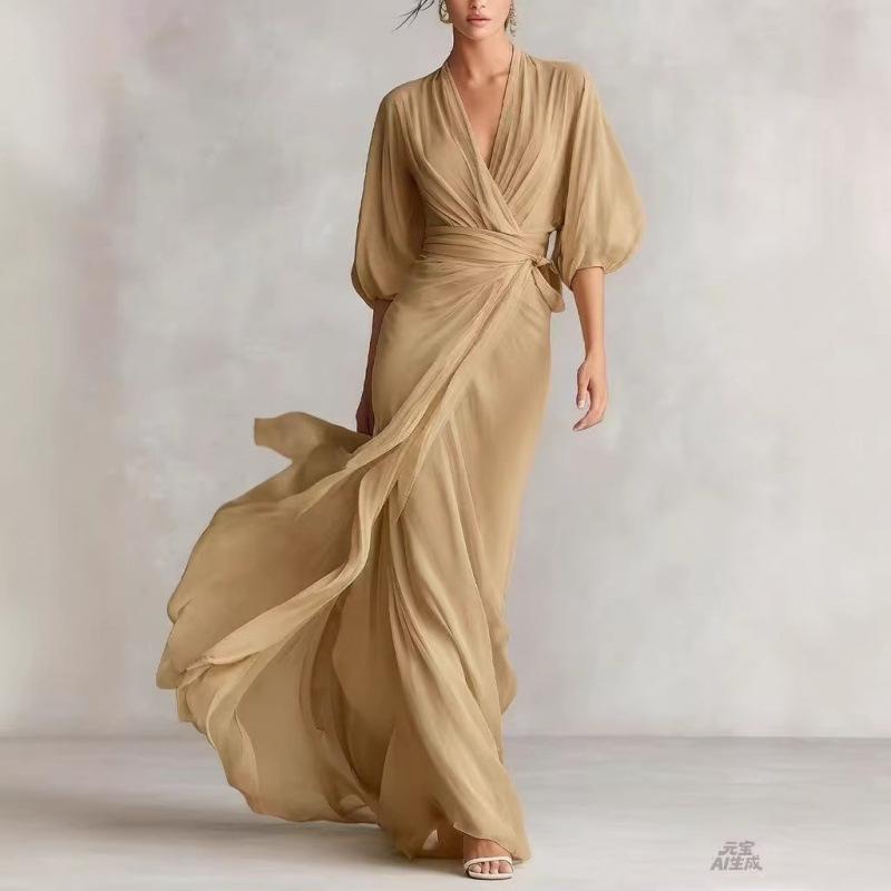 2026 European and American Socialites Deep V-neck Shoulder Lantern Sleeves Waist Long Dress Romantic Autumn Banquet