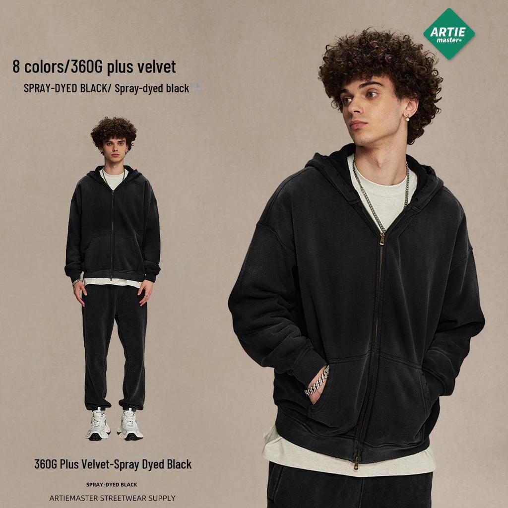 ARTIE Herren 2024 Winter Unisex Dick Sprühgefärbt Doppelreißverschluss Sweatshirt Hoodies