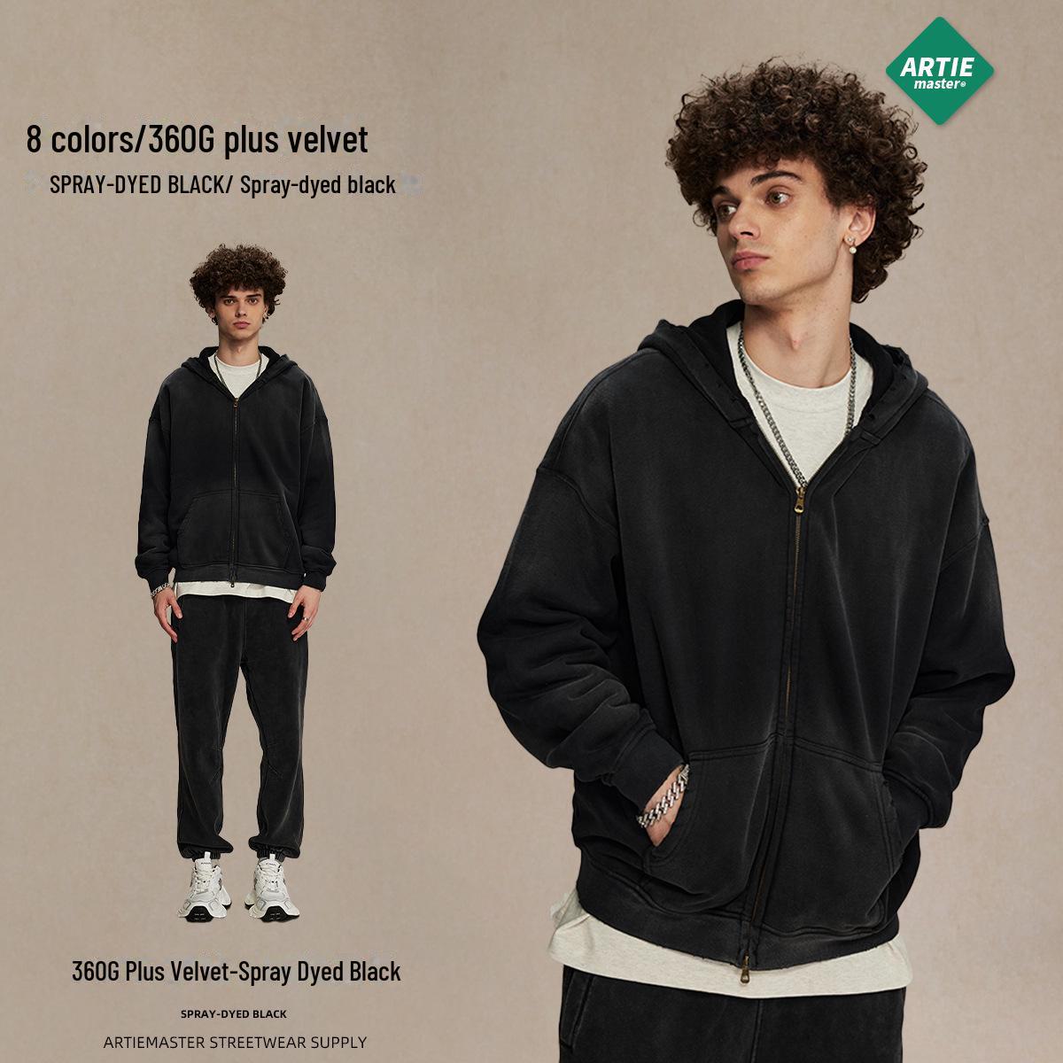 

ARTIE Men s 2024 Winter Unisex Thick Spray-Dyed Double Zipper Sweater Hoodies Large