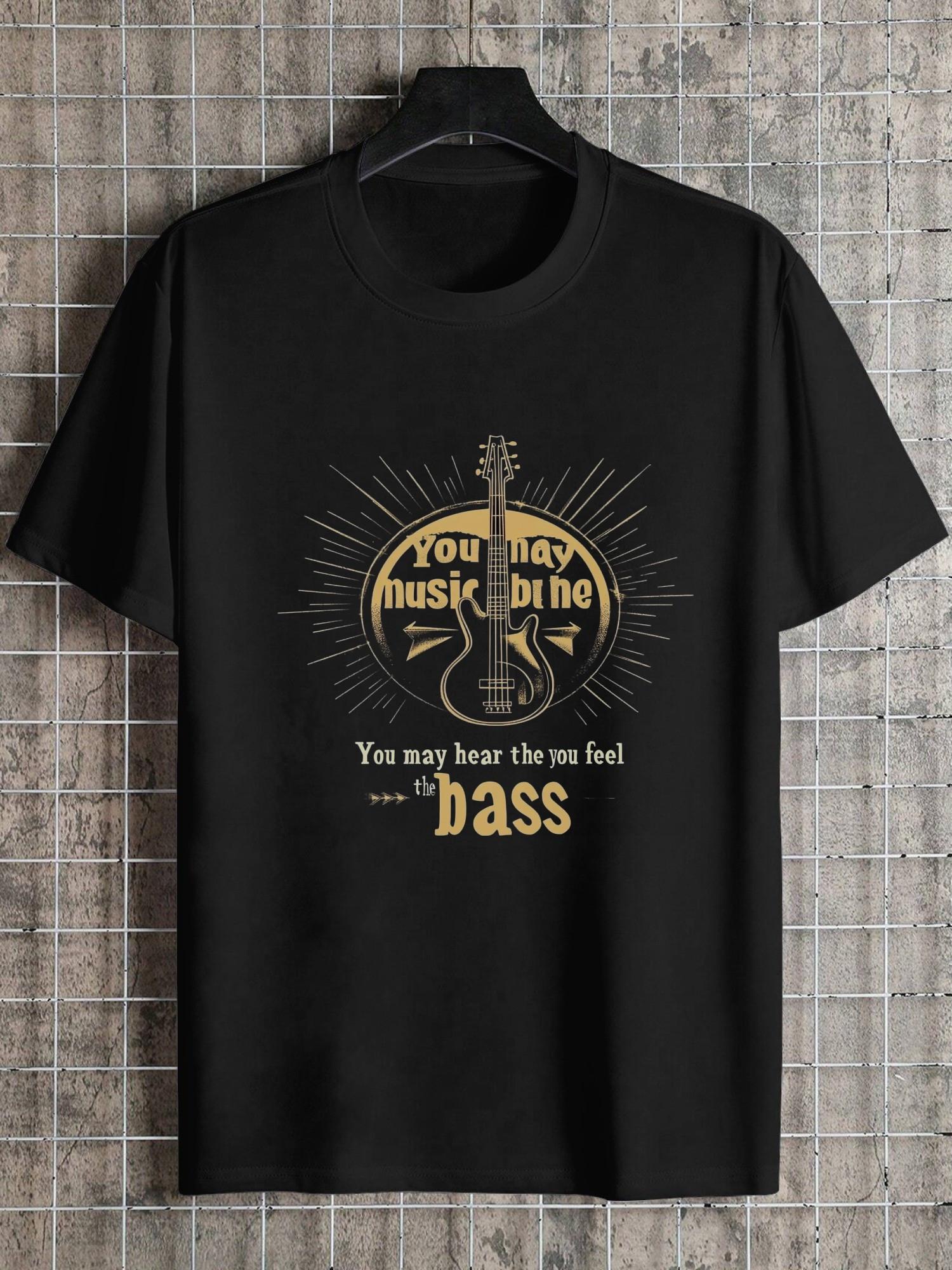 1pc Heavy Metal Bass Guitar Graphic T-shirt - Golden Print Music Quote Design XXL