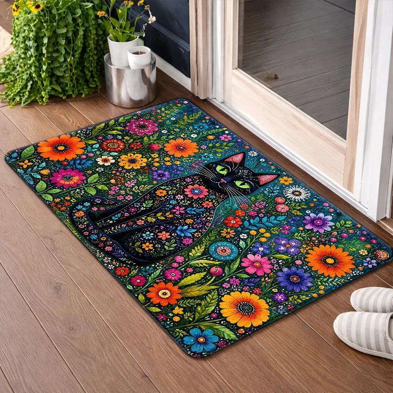 Cute Black Cat Floral Pattern Welcome Doormat Polyester Indoor Outdoor Rug Mat Cottagecore Bohemian Garden Decor for Front Door