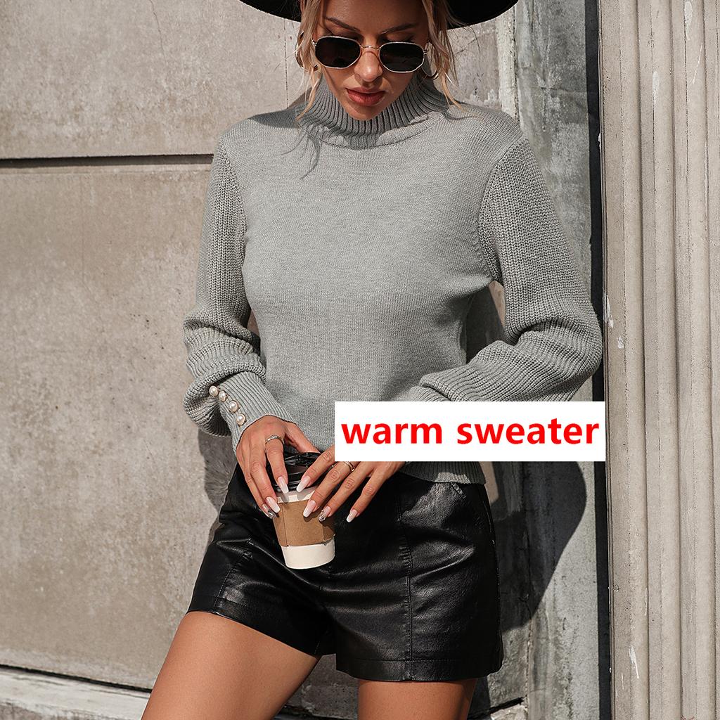 Women's New Autumn And Winter Solid Color Pullover Student Sweater Turtleneck Beaded Versatile Warm Top Sweater