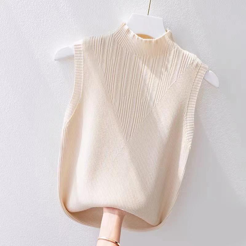 Summer Korean Solid Color Half Turtleneck Sleeveless Casual Knitted Vest For Women
