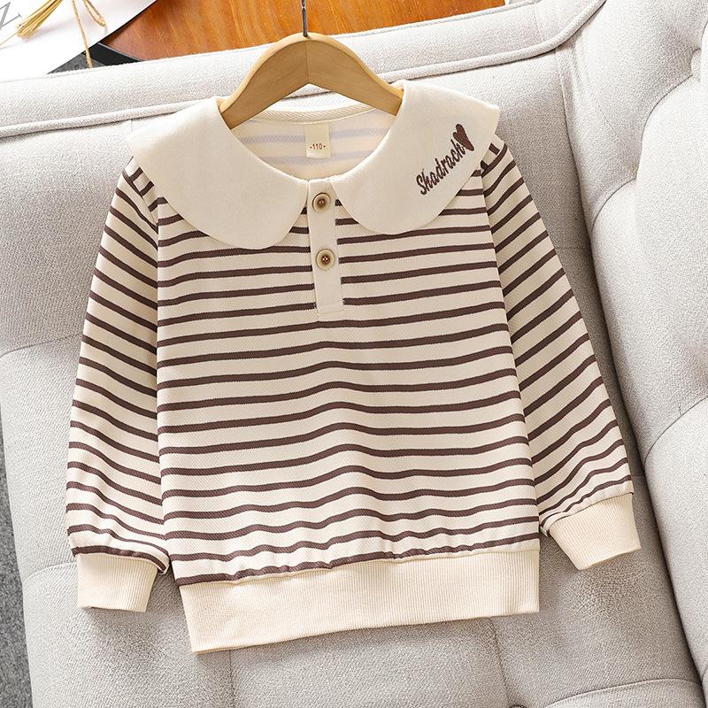 Girls Autumn Striped Navy Collar Long Sleeve T Shirt Fashion Casual Top For Big Kids 110