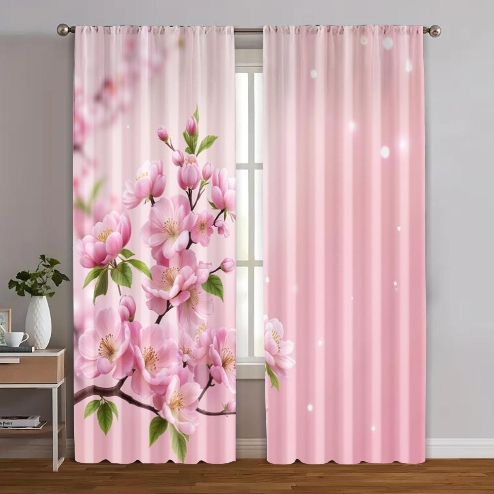 

2pcs Curtain Popular Bright pink cherry blossoms and green leaves Fabric (without rod) Decorations Clearance Ldeal for Season 100*130 Grommet Top 1pcs