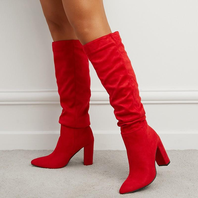 

Fall Pleated Tall Boots Fashion Pointed Toe Suede Sleeve Soft Sole Non-Slip Wear-Resistant High Heels 35 красный