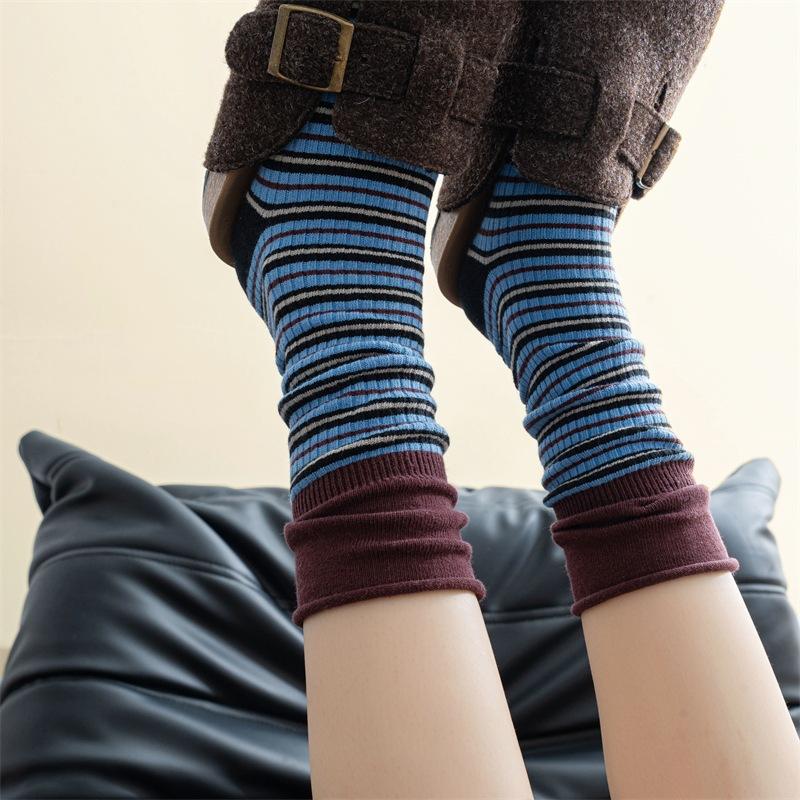 Autumn and Winter Color-blocking, Artistic and Retro Striped Mid-calf Socks for Women's Fashion, Pile Socks