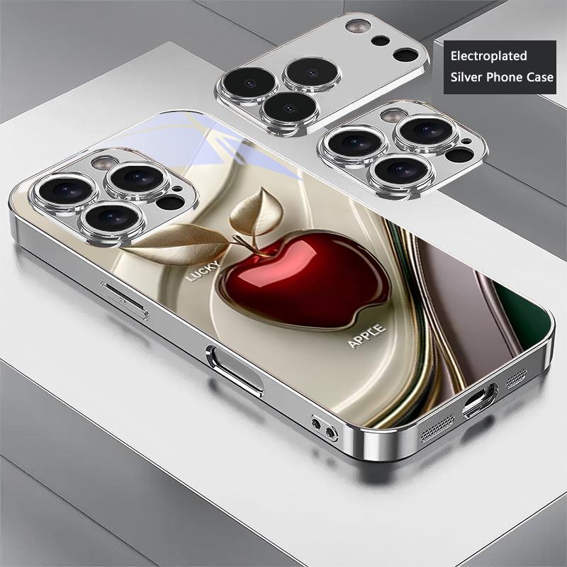 Gem Lucky Red Fruit Electroplated Silver Phone Case For iPhone 18 17Air 17 16 15 14 13 12 11 Pro Max Plus 16E XR 7 8 Glass Cover