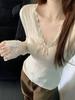 Elegant Lace Trim V-Neck Long-Sleeve Women's T-shirt - Slimming, Waist-Cinching Base Layer for Autumn/Winter, Perfect for Instagram.
