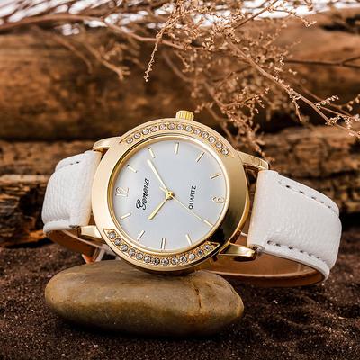 Women Fashion Double Side Diamond Watch Round Dial Quartz Clock Wristwatch with Leather Strap