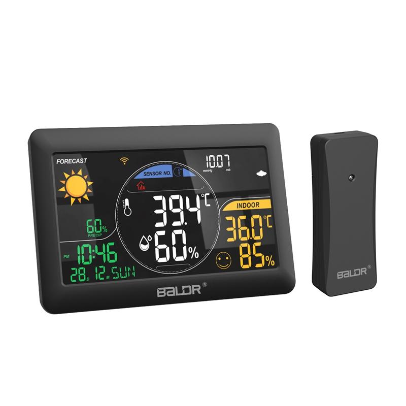 

BALDR WiFi Weather Station Wireless In/Outdoor Temperature Humidity Wall Alarm Clock Barometer App Online Forecast Data Monitor Black 1 Sesor