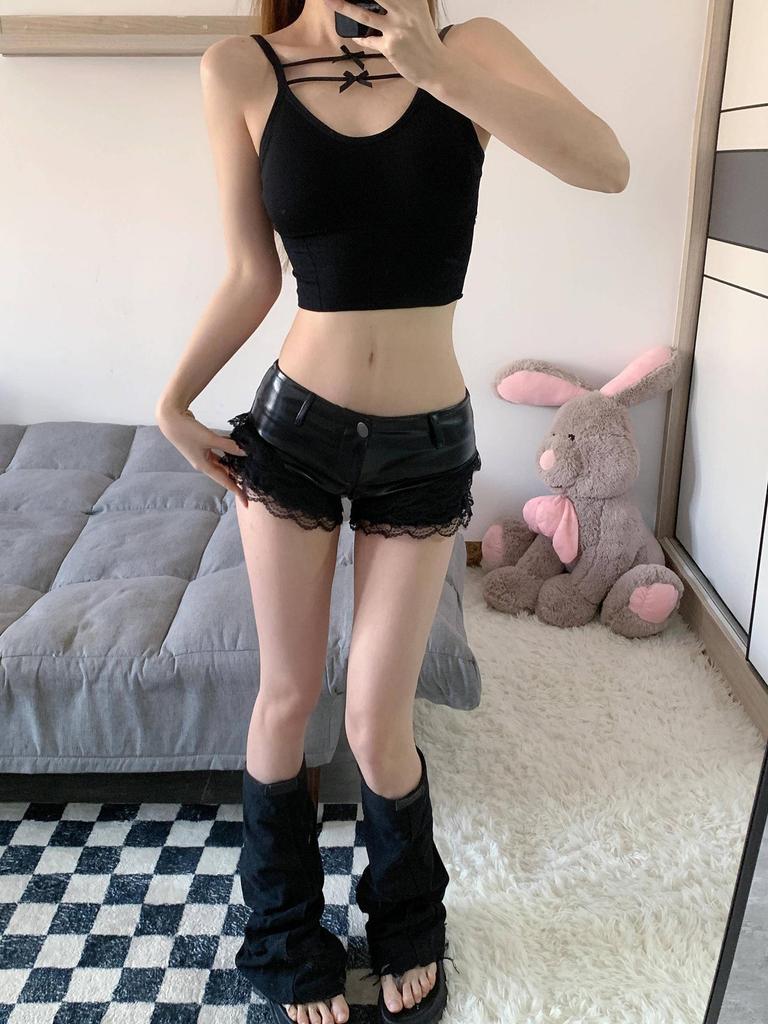 2024 Sexy Lace-Stitched Low Waist PU Leather Hot Shorts - Trendy Women's Nightclub Wear