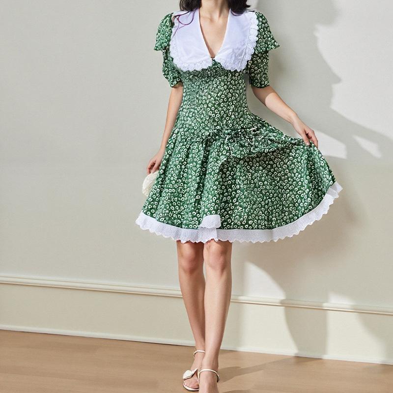 

Новый летний стиль платье со звездно-цветочным принтом, воротником-куклой, бантом и рукавами-буфами 3XL зелёный
