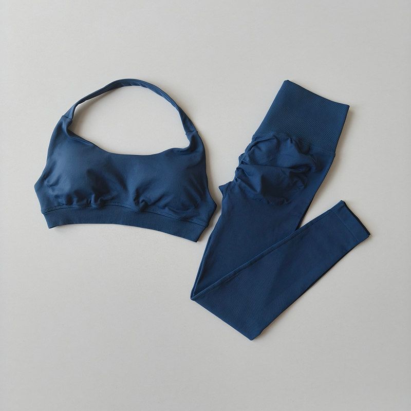 and American Seamless Halter Neck Beauty Back Push-Up Sports Bra and High-Waisted Tight-Fitting Butt-Lifting Fitness Pants Two-Piece Set for Women