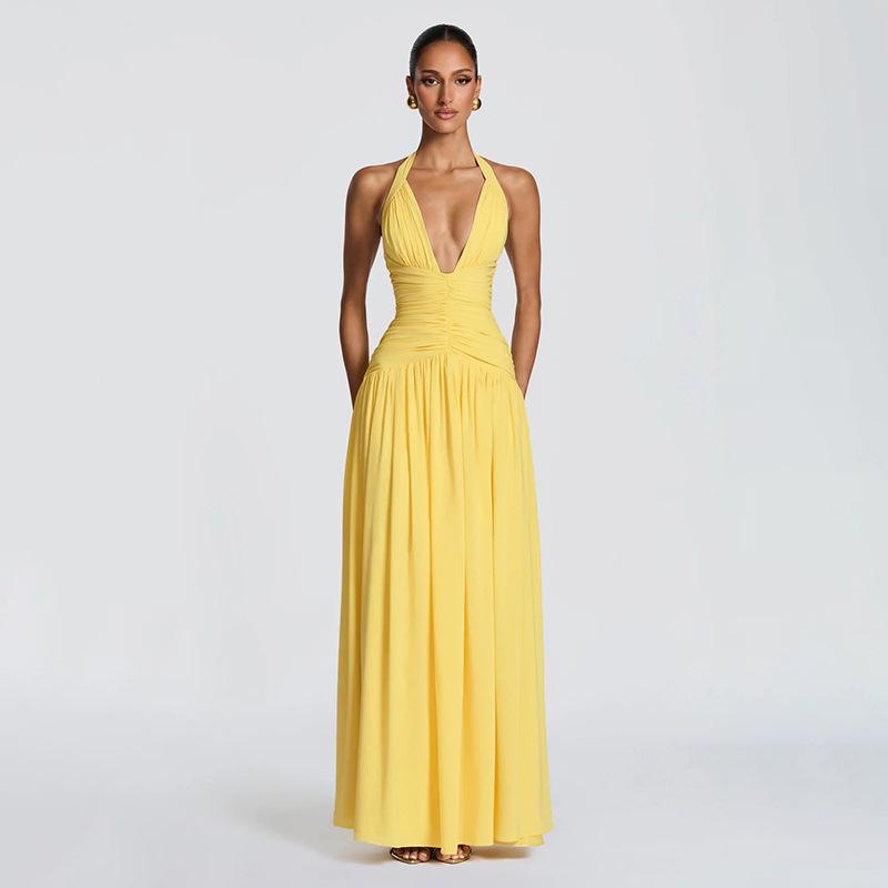 J26DS080 European & American Women's V-neck Tie-up Slit Dress - Spring/Summer Collection
