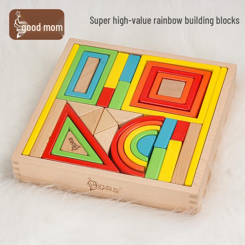 Beechwood Rainbow Stacking Blocks: Educational Toy for Color and Shape Recognition in Kindergarten Children