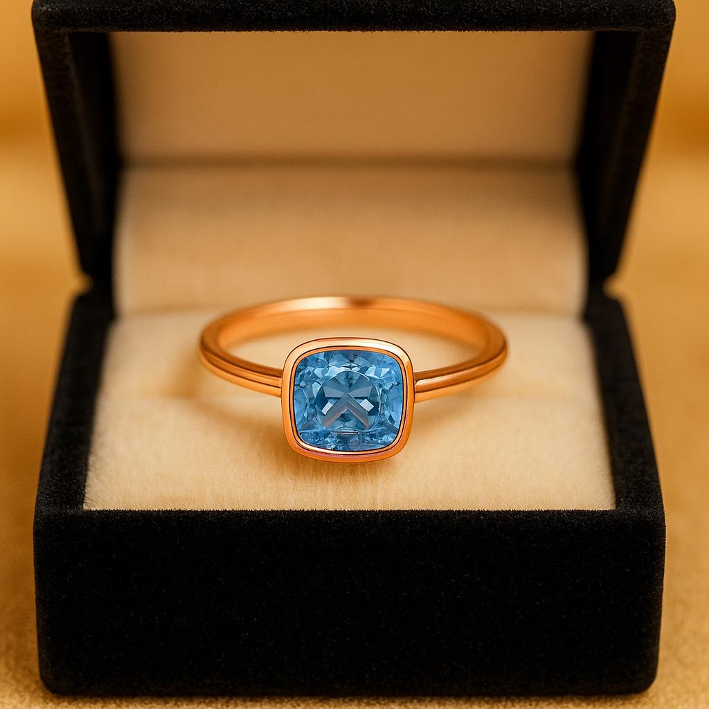 Cushion Cut Aquamarine Solitaire Ring – Yellow Gold Plated Bezel Setting, Engagement Wedding Jewellery Gift for Women