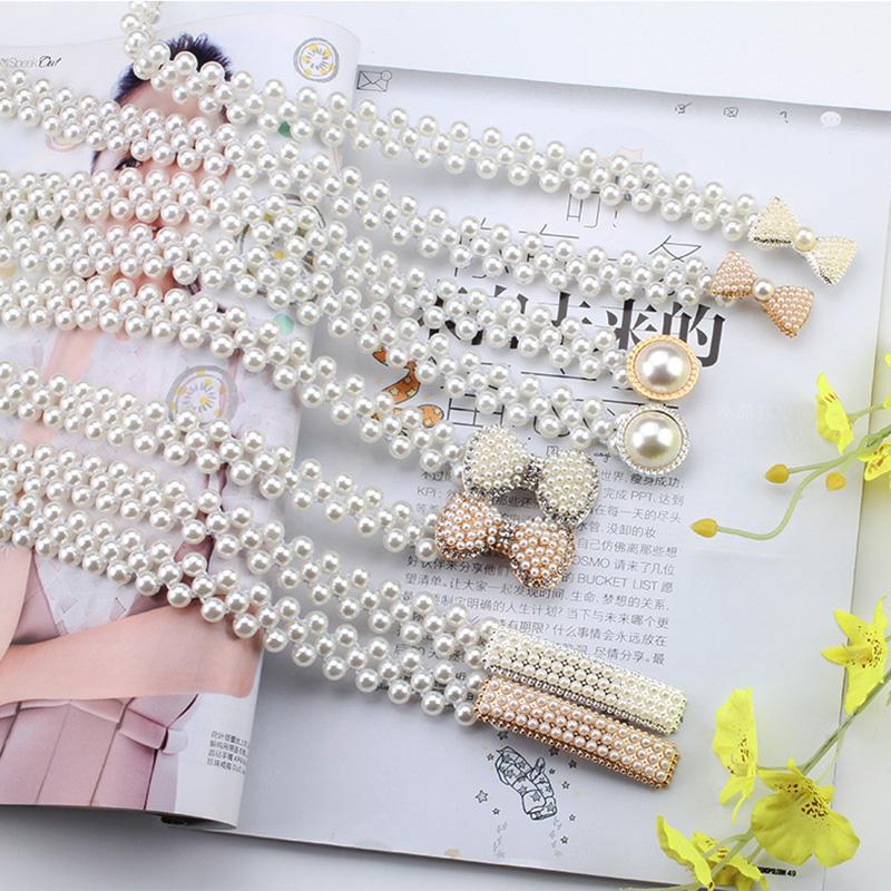 Women Ladies Pearls Beads Chain Belt Stretchy Flower Buckle Waistband