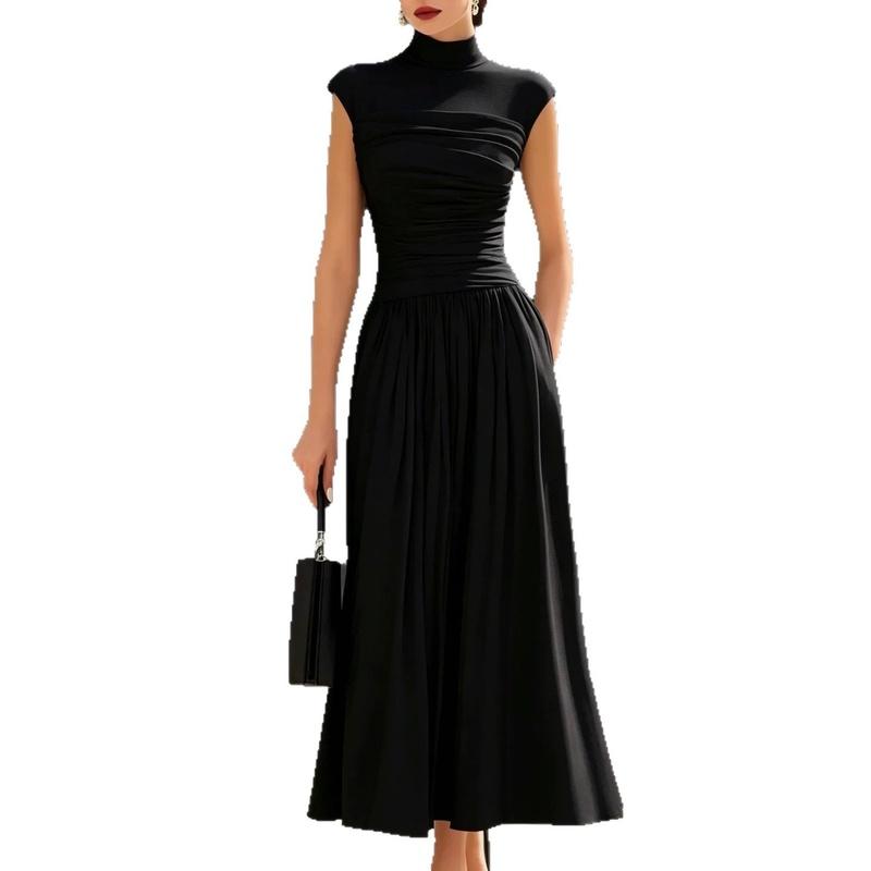 Women's Stand Collar Sleeveless Maxi Dress Loose Solid Color Casual Summer Long Dress