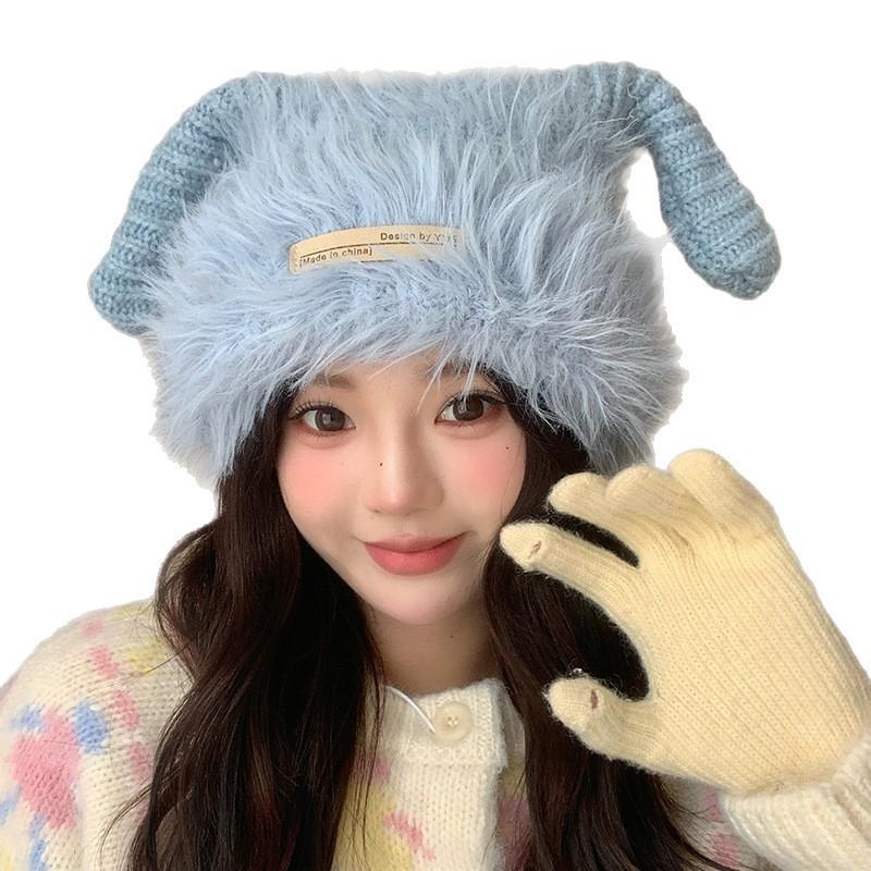 Plush Knitted Hat Autumn and Winter Korean Version Warm Ear Protection Cold Proof Woolen Hat Personalized Horn Big Head Cold Hat for Women