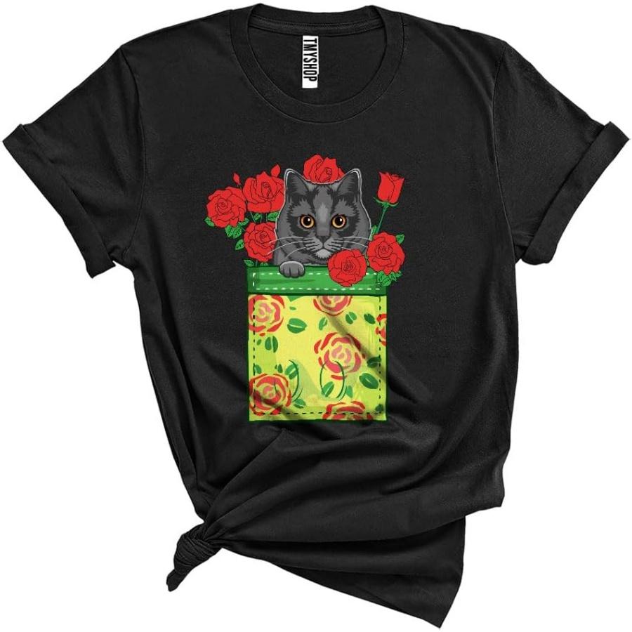 British Shorthair Cat in Floral Pocket Cute National Cat Day Flowers Family Lover Unisex T-Shirt Black S