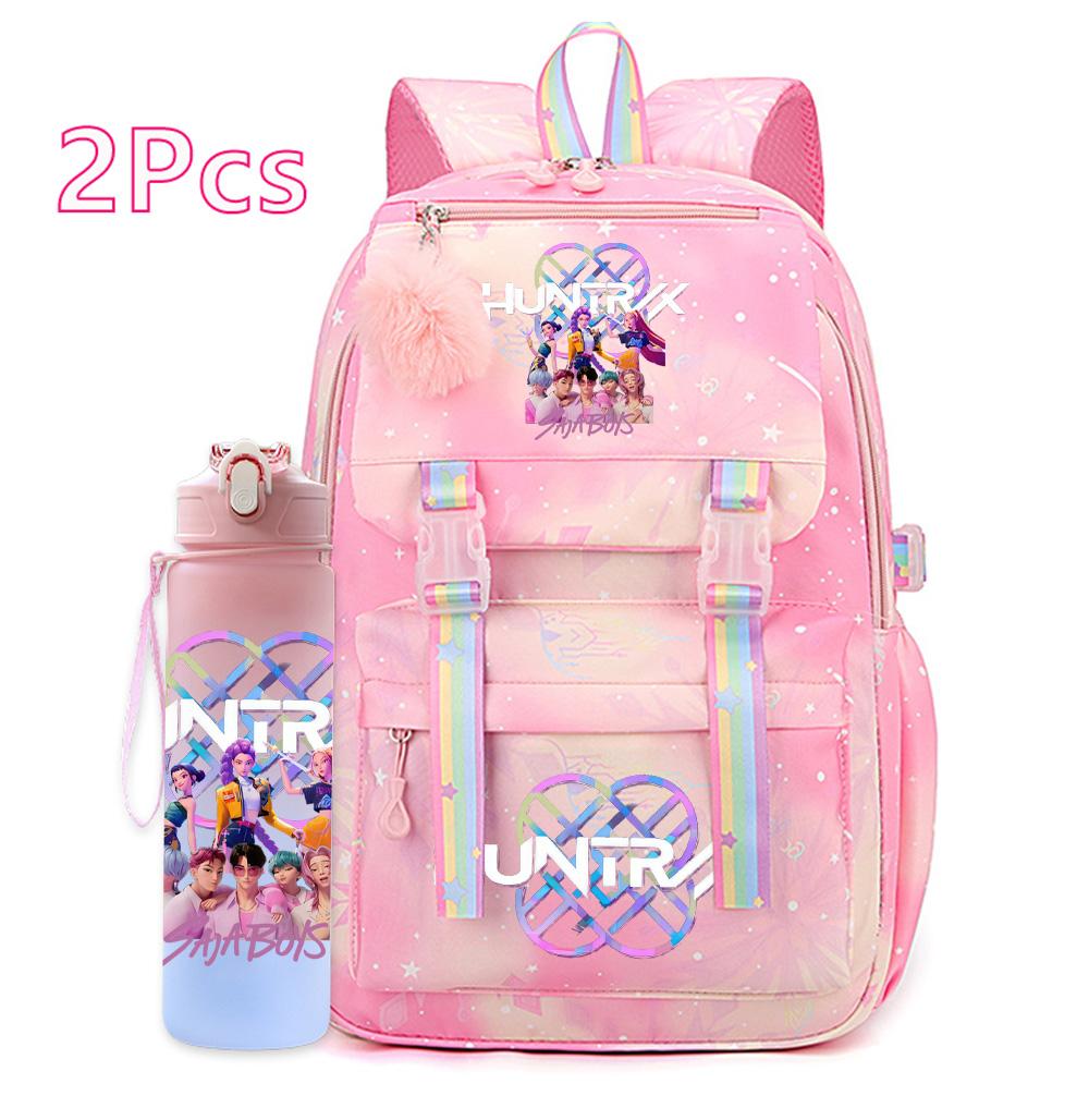 2Pcs/set Anime Cartoon Kpop Printed Backpack with 750Ml Water Bottler Large Capacity Travel Bag for Teenager Girl Boy Bookbag Kid Gift Rucksak