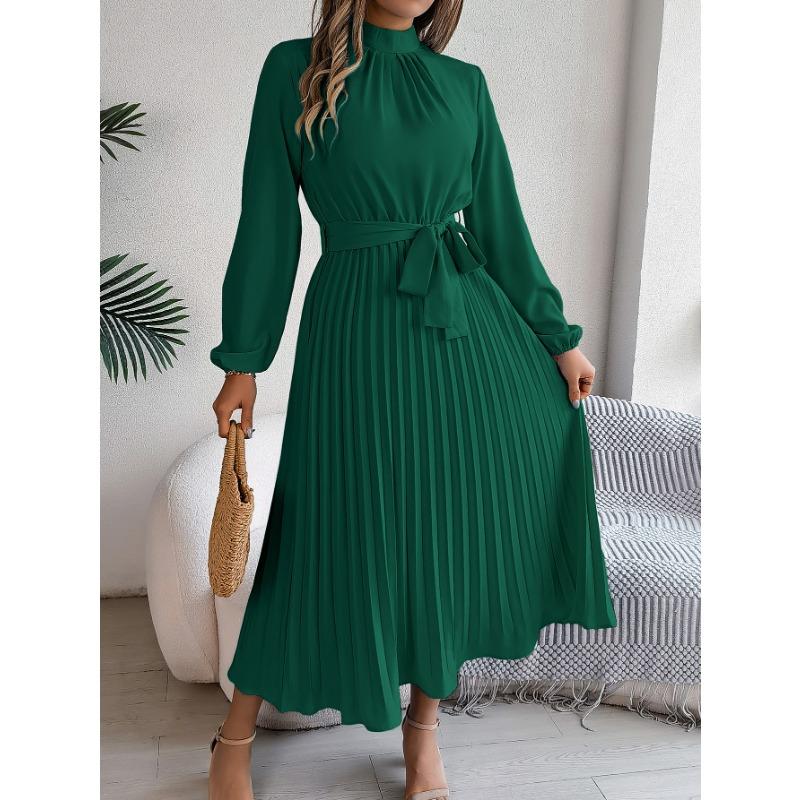 Spring and Autumn Elegant Stand Collar Long-sleeved Waist-fitting Pleated Women's Dresses