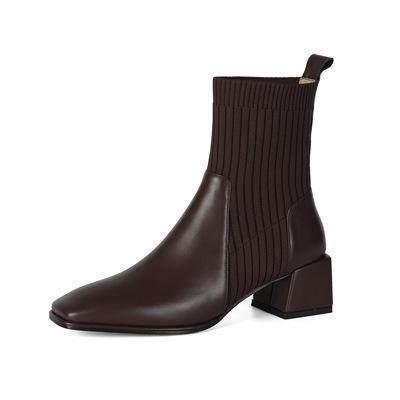 Bocanci de damă Toamnă Retro Vârf Pătrat Piele PU Șosete Femme Toc Mediu Bocanci Scurți Robustă Exterior Tricotate Elastice