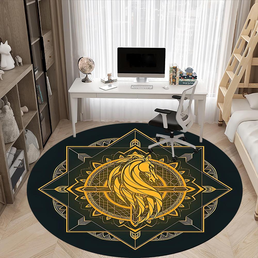 1PC Horse Mandala Office Round Area Rug, Mat Suitable For Office, Under Office Chairs Bedroom Living Room Home Decor, Room Deco