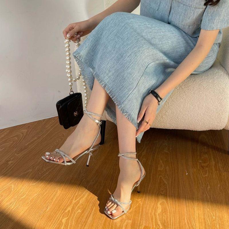 Rhinestone sandals women's summer open-toed stiletto Roman shoes with square head high heels 2025 new French fairy shoes