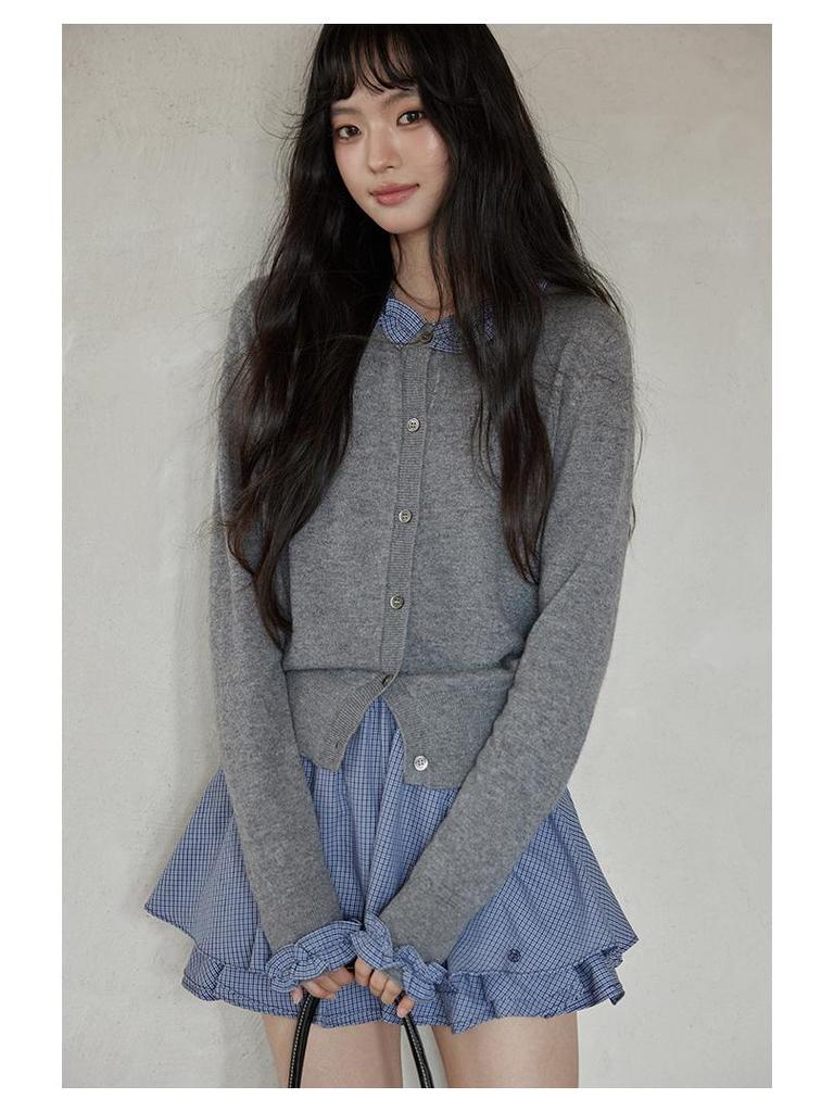 Yimeng 2025 Korean Style Patchwork Long Sleeve Knitted Cardigan for Women