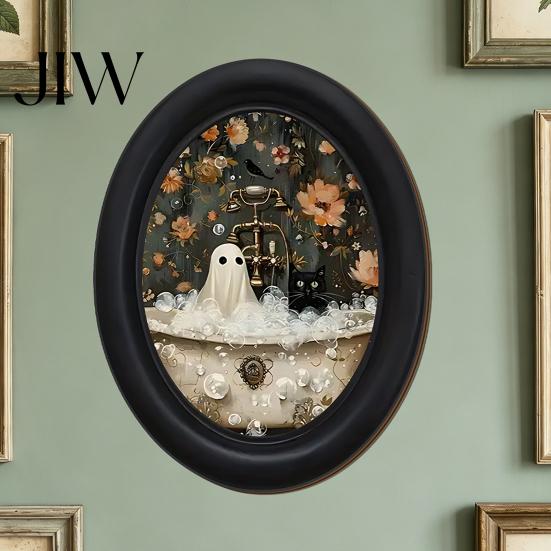 Unique Housewarming Gifts Halloween Wooden Door Hanging Sign, Oval Gothic Black Cat Ghost Wall Plaque, Retro Decoration Waterproof Decor Art