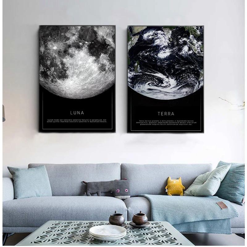Canvas Painting Black and white poster of the moon Earth seen from space living room decoration wall Scandinavian painting